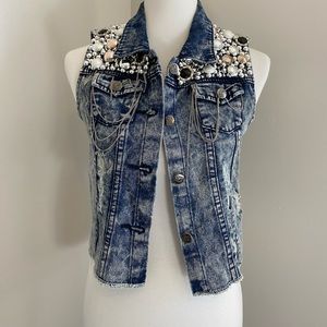 Embellished distressed acid wash jean vest unique